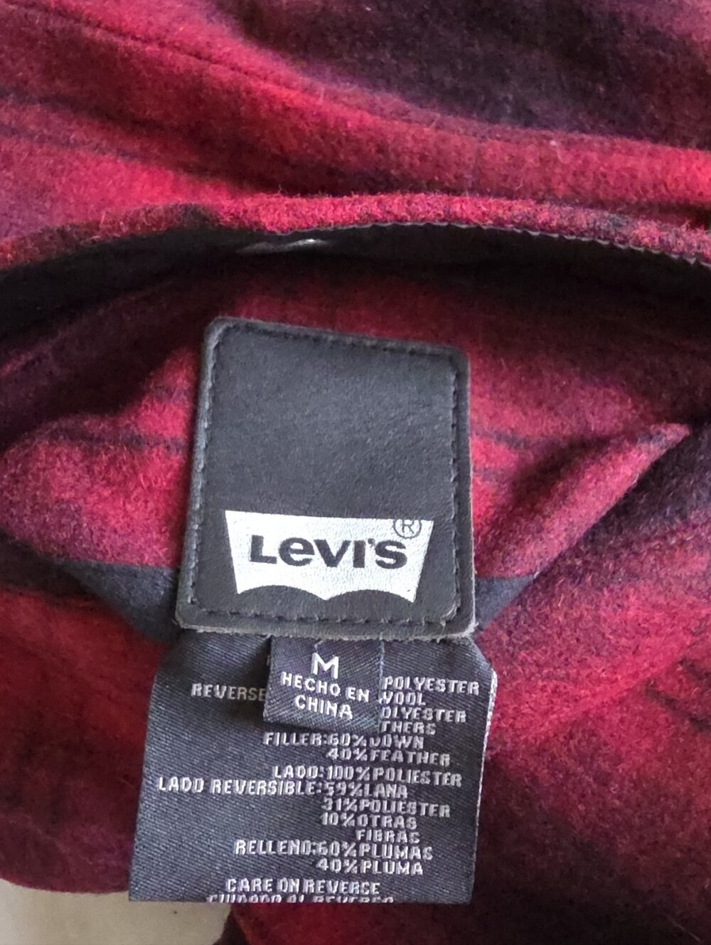 Levi's Red & Black Plaid Hooded Reversible Wool/Down Feathers Vest SIZE M